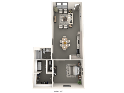 A floor plan of a small apartment with a kitchen, living room, and bathroom.